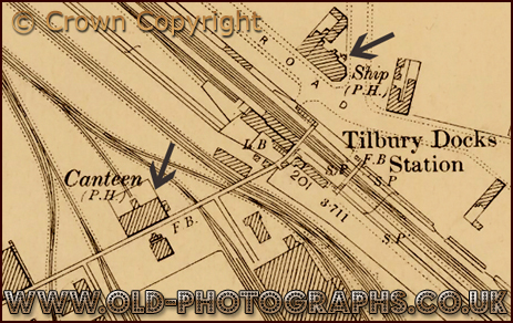 Tilbury : Map extract showing the locations of the Ship Hotel and the Dock Canteen [1895]